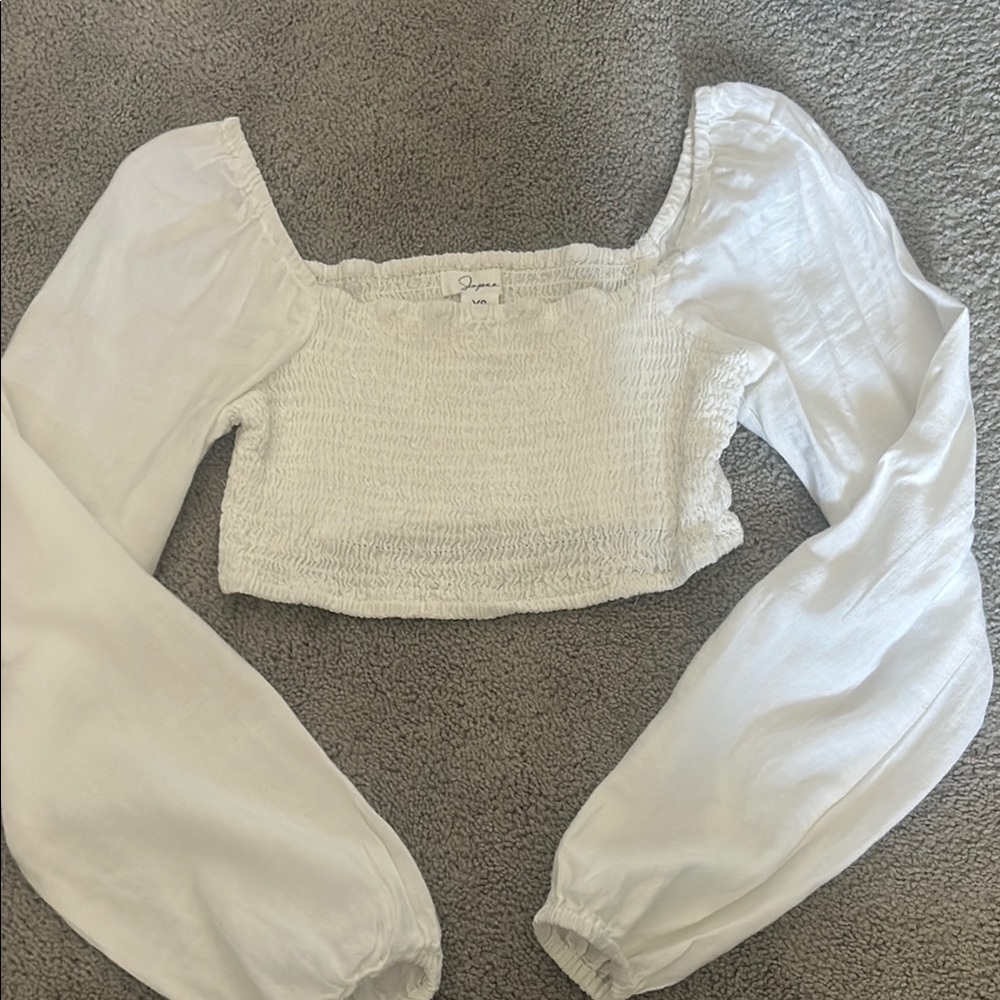 OPI White Smocked Crop Blouse with Long Sleeves